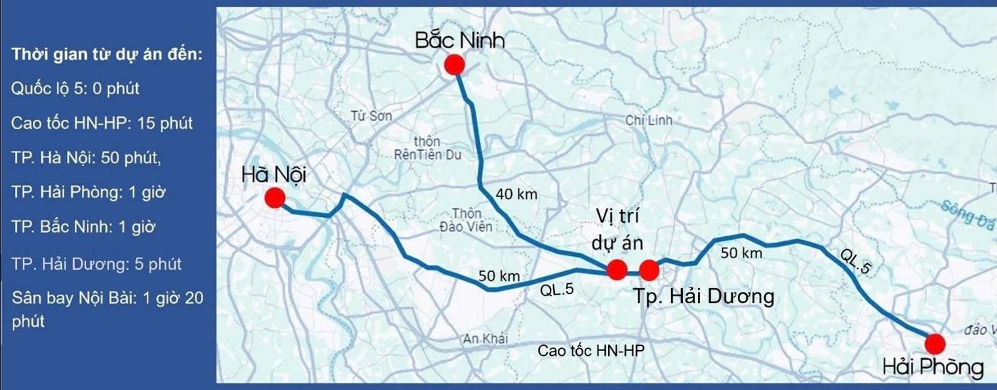 Bản đồ vị trí dự án trên Quốc lộ 5, giữa Hà Nội và Hải Phòng